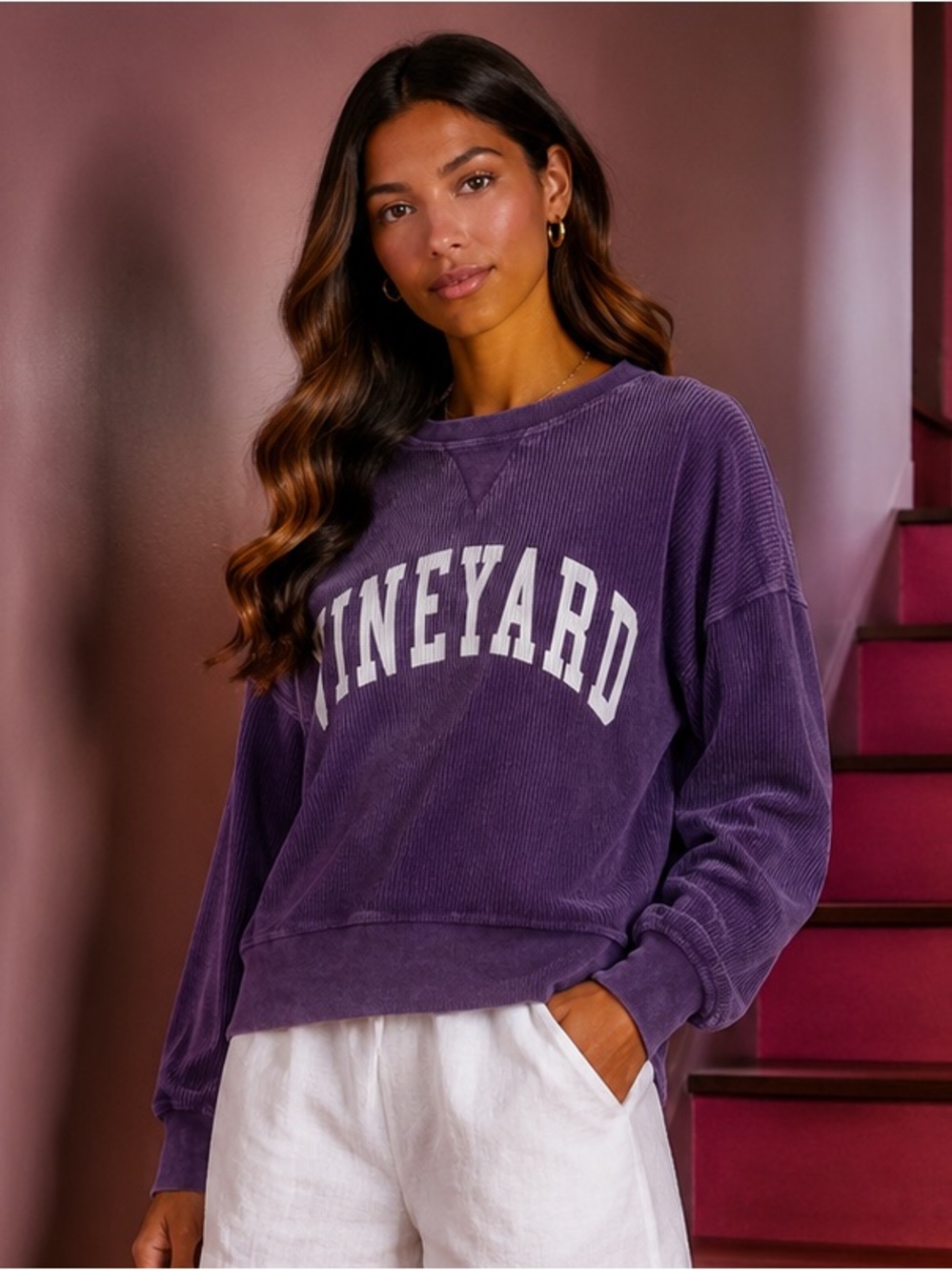 100% COTTON Vineyard Purple Corduroy Crewneck Sweatshirt